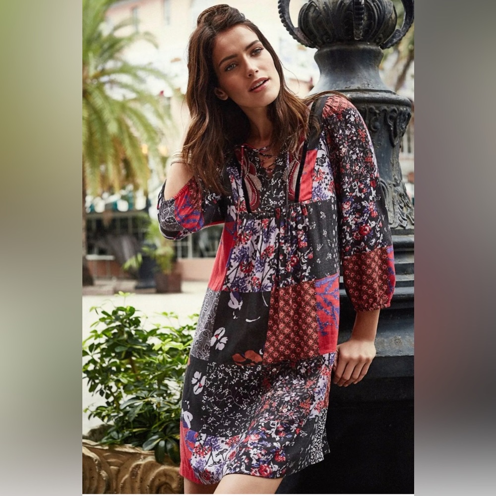 Anthropologie One September Arcata Dress Boho Patchwork Multicolor Shift Rayon S